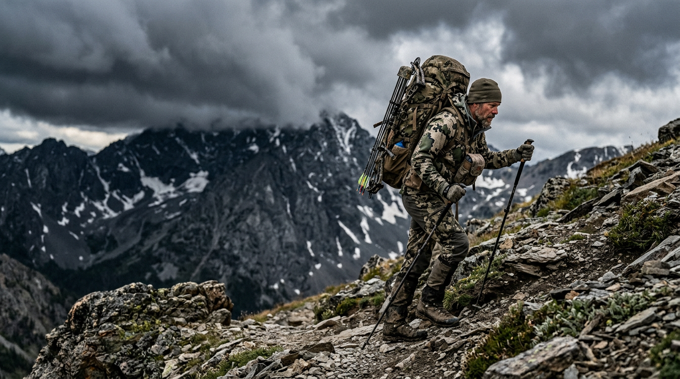 hunter carrying heavy pack during backcountry elk hunt in rugged mountain terrain 