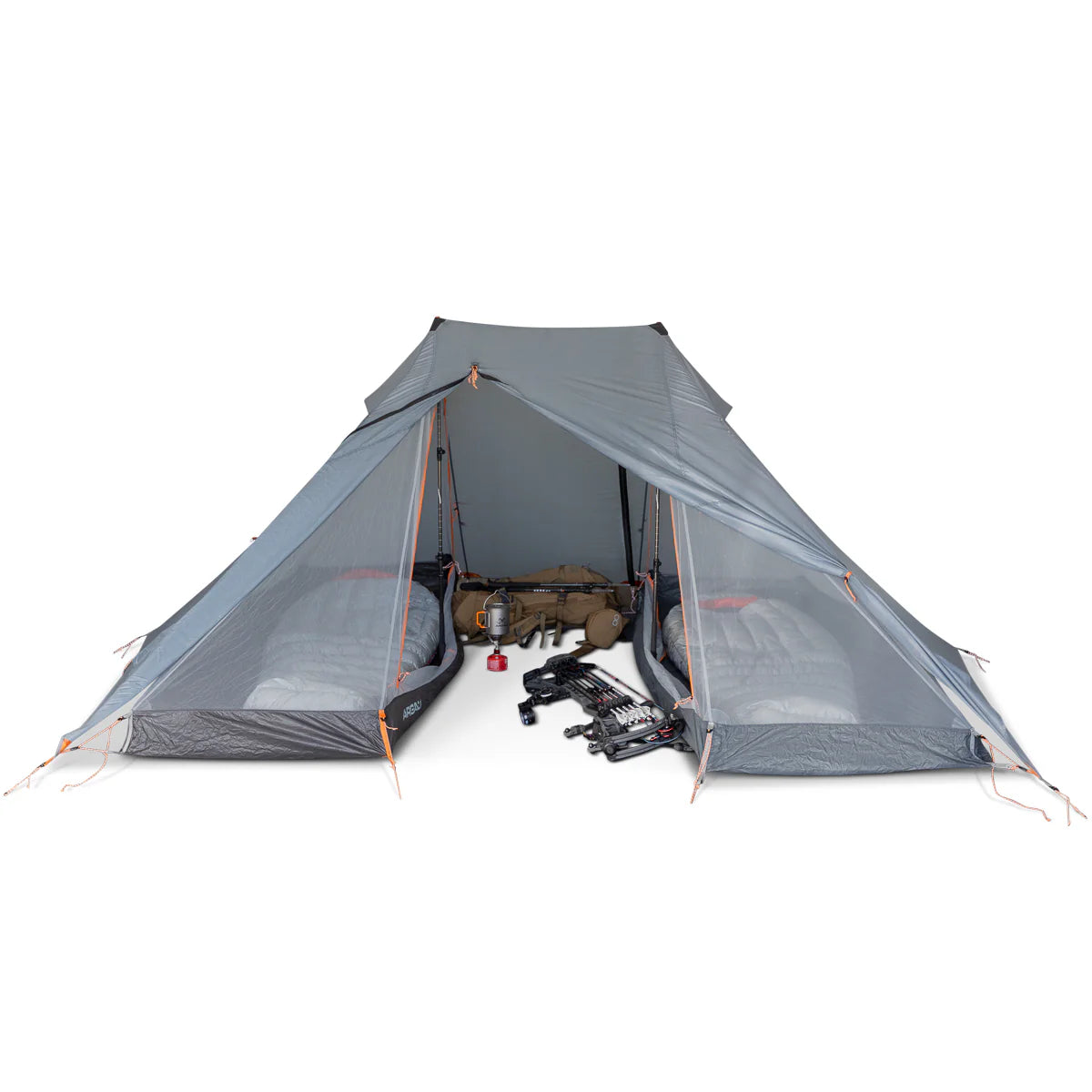 Argali Lehmi 3P Tent in Grey - interior view showing gear and stove setup