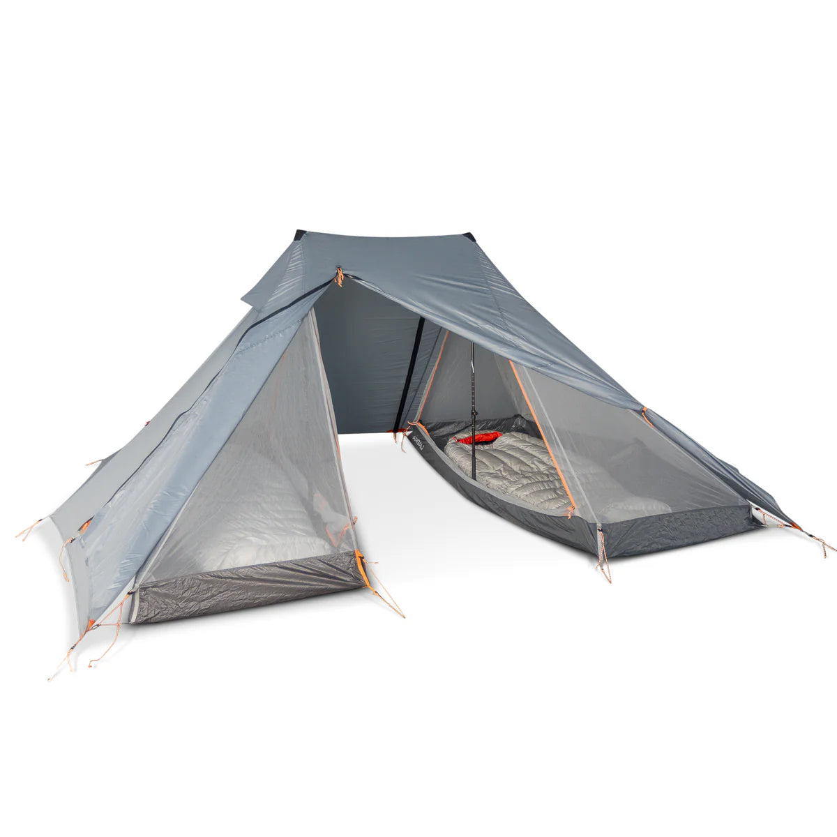 Argali Lehmi 3P Tent in Grey - angled view of the tent with vestibule door open