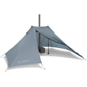 Argali Lehmi 3P Tent in Grey - tent pitched with stove pipe for cold-weather camping, side view