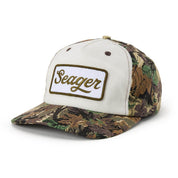 Seager Uncle Bill Snapback in cream and camo - hemp-blend snapback hat with front logo patch, side view
