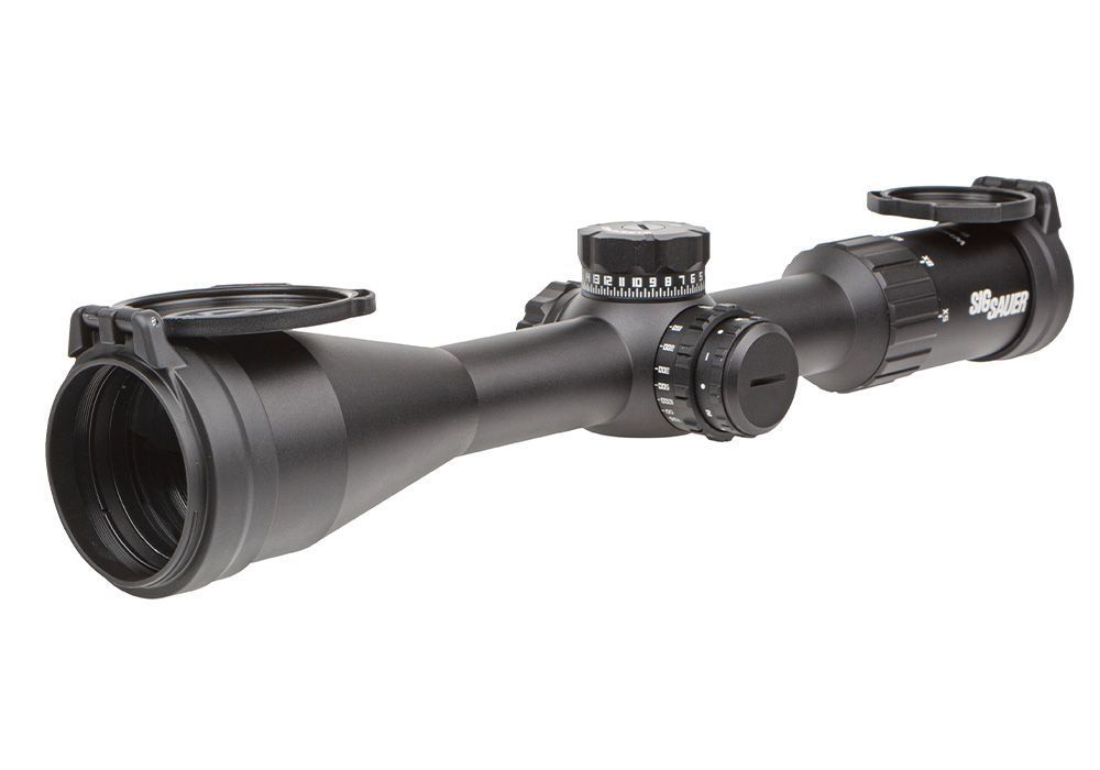 SIG SAUER Whiskey4 5-20x50mm FFP Riflescope in Black - three-quarter view of the non-illuminated riflescope with rings