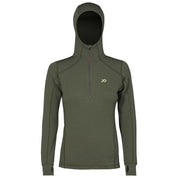 First Lite Women's Kiln Hoody in olive green - women's Merino-X base layer hoody with quarter zip, front view